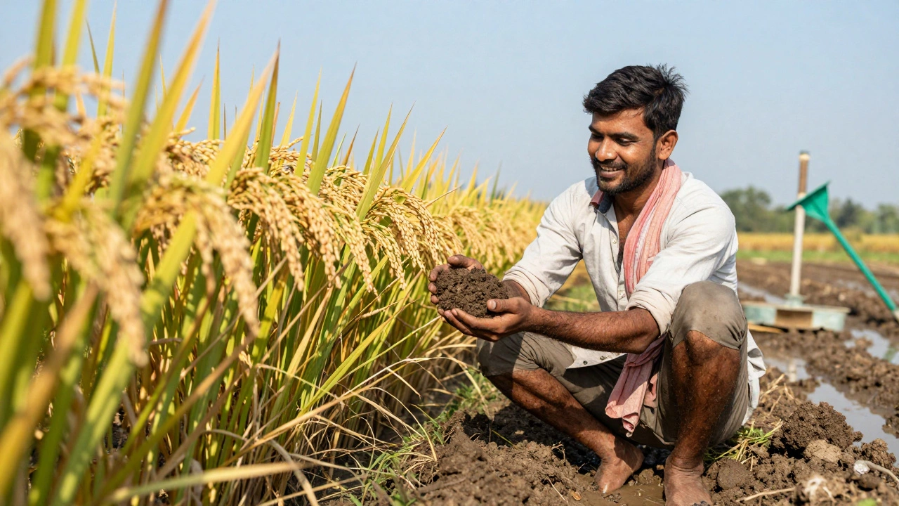 Indian farmer checking healthy rice crops in a dry-field sustainable farming method