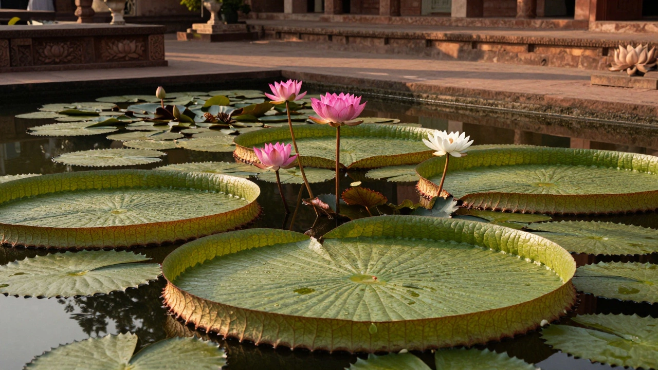 Lotus blooms and large leaves in a traditional Indian garden pond