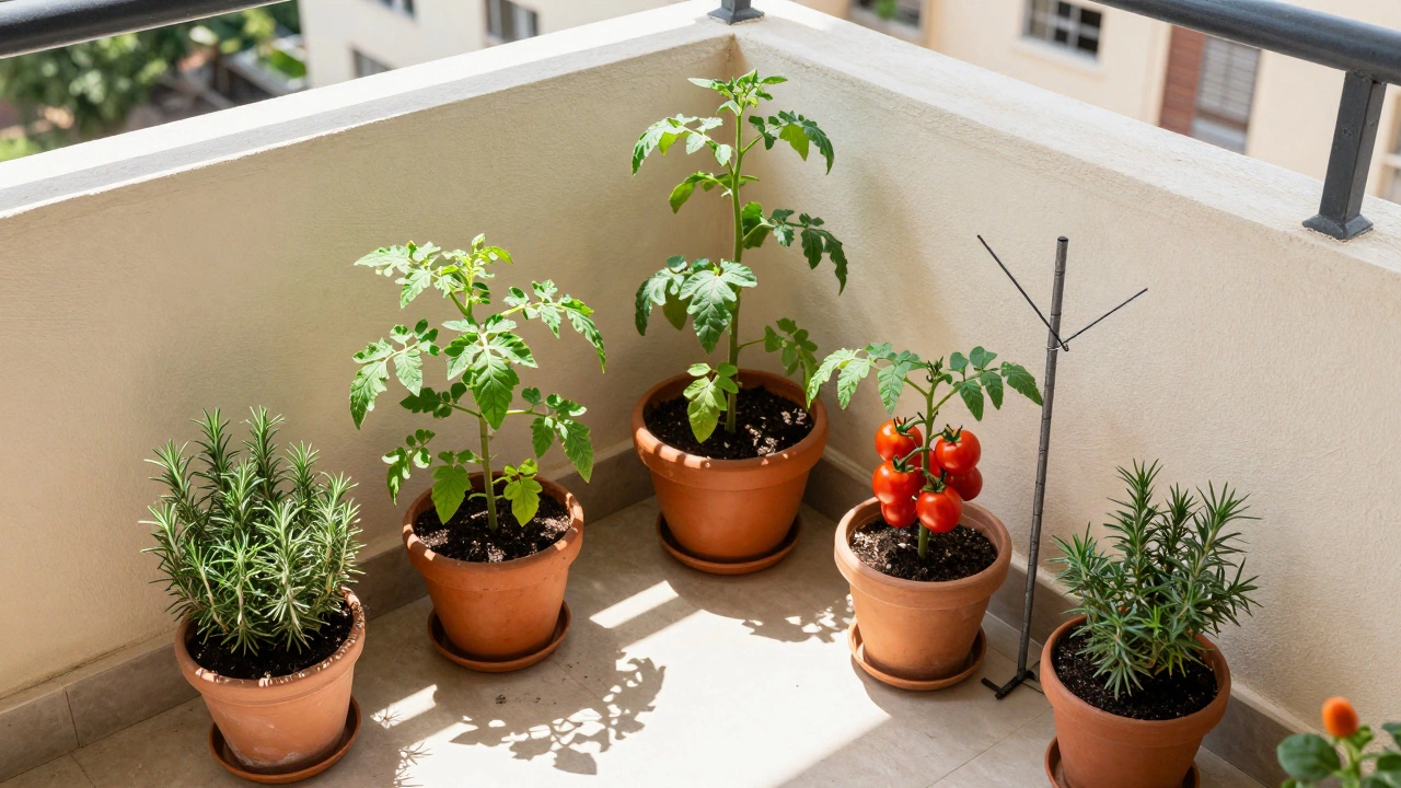 Overhead view of ripe tomatoes in balcony containers