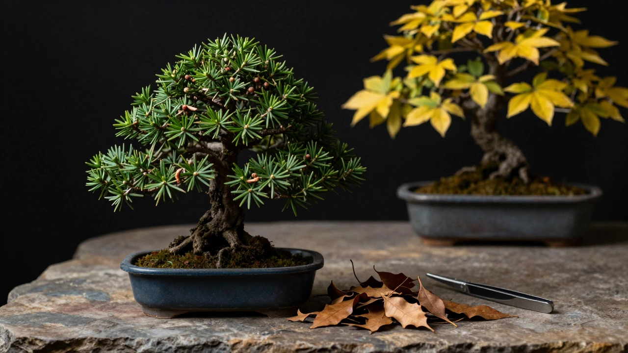 Pruned Juniper bonsai with removed dead needles nearby