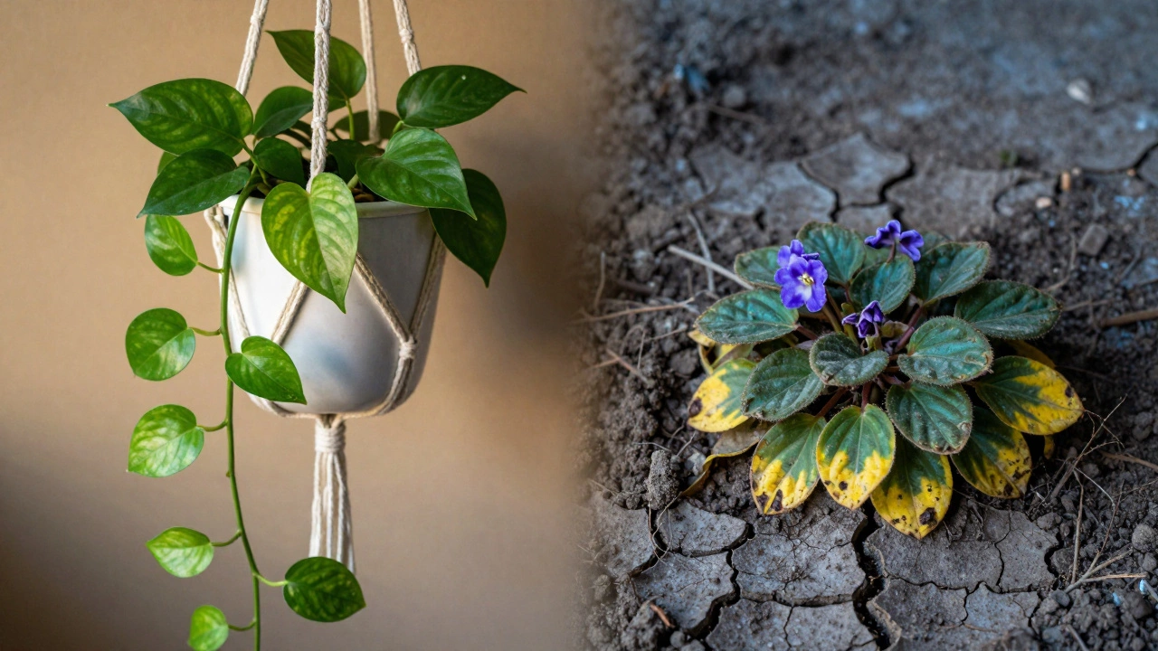 Split view showing a thriving pothos versus a wilting neglected plant