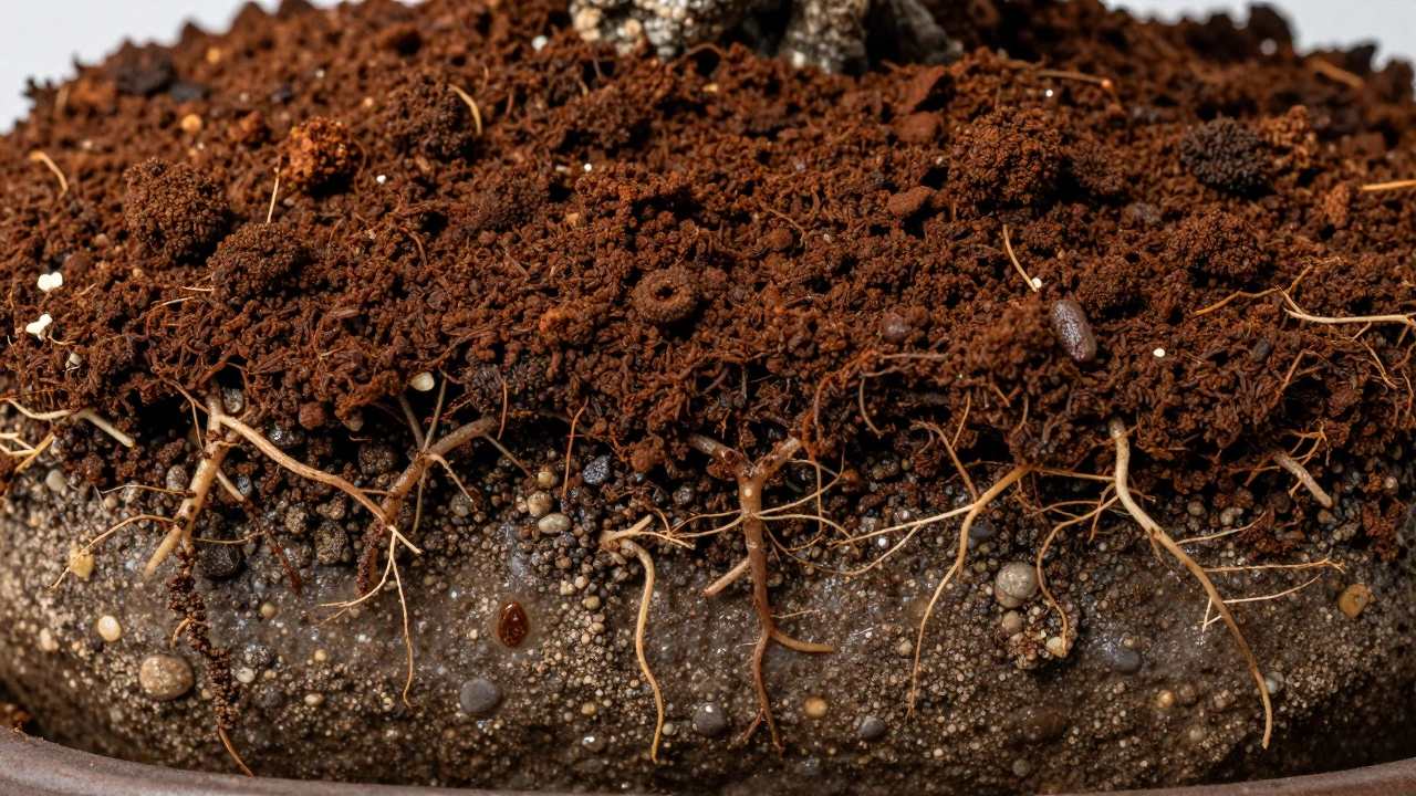 Wet coffee grounds forming a crust on bonsai soil surface