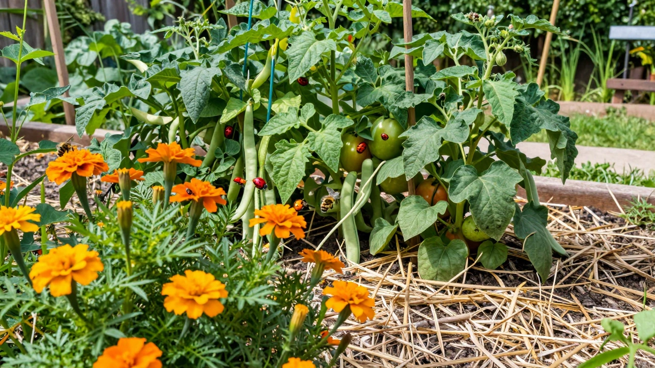 Biodiverse garden with marigolds, tomatoes, bees, and mulch