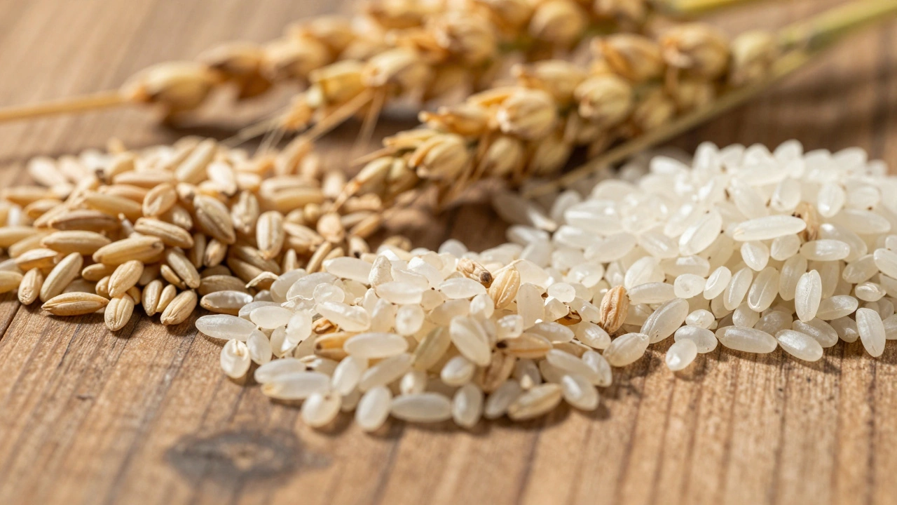 Close-up of different rice seed varieties on wood