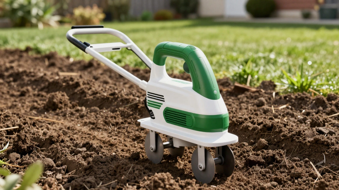 Cordless electric tiller sitting on freshly prepared garden soil