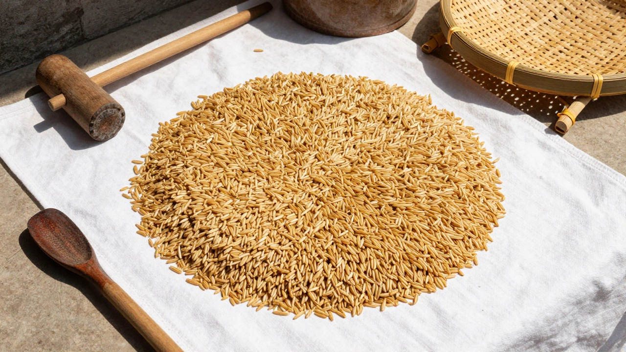 Dried brown rice grains spread on cloth with traditional wooden processing tools.