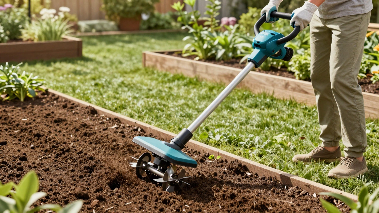 Gardener using cordless electric mini-tiller in garden bed