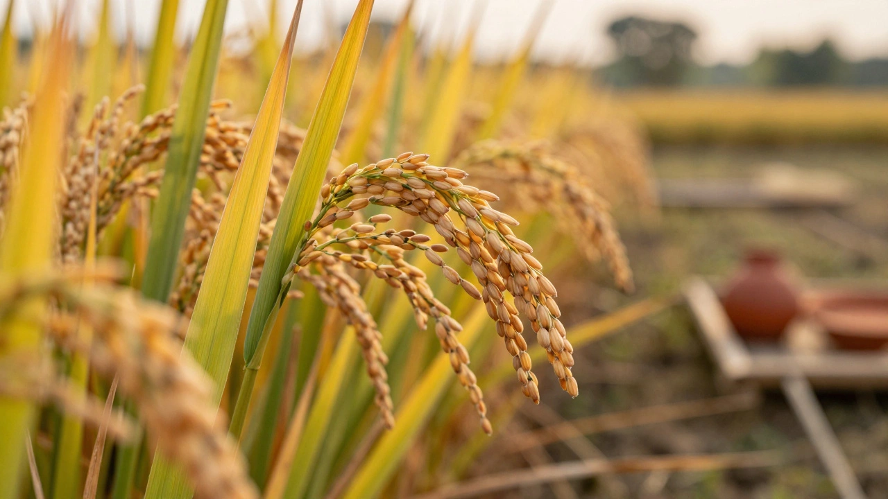 Golden ripe rice stalks swaying in the wind, ready for harvest in a garden.