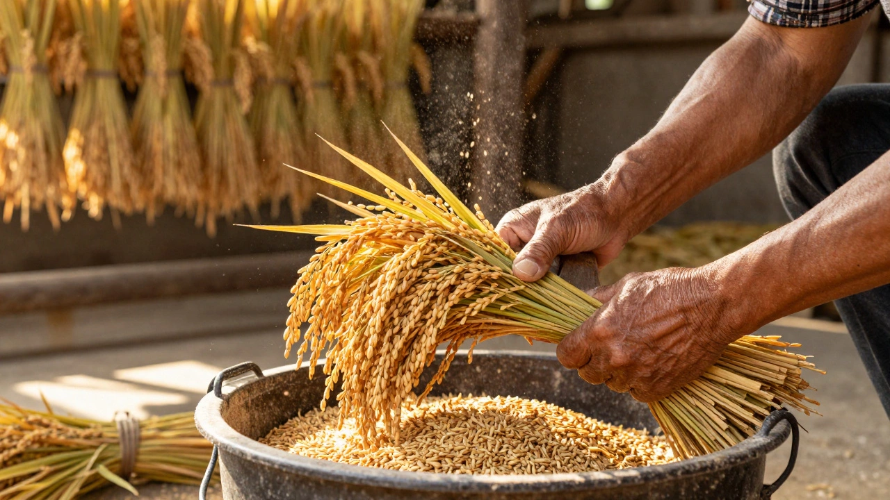 Hands threshing harvested golden rice stalks