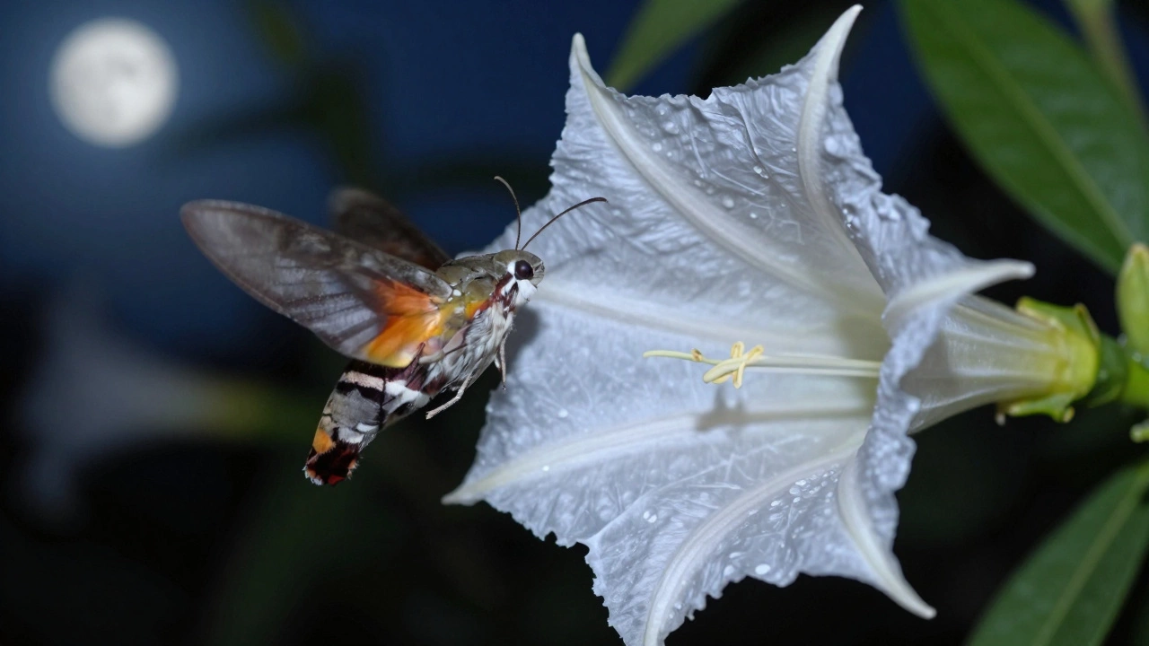 Hawk moth pollinating a glowing white night-blooming cactus flower