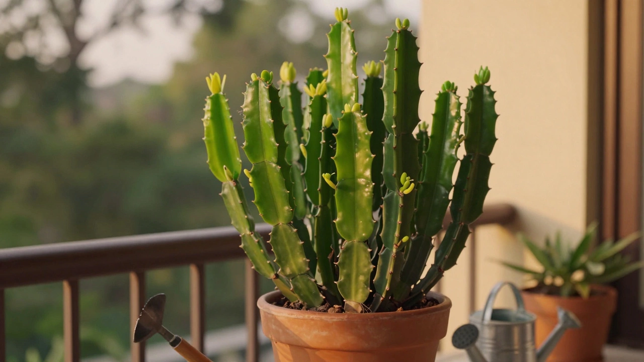 Healthy green Queen of the Night cactus plant on a shaded balcony