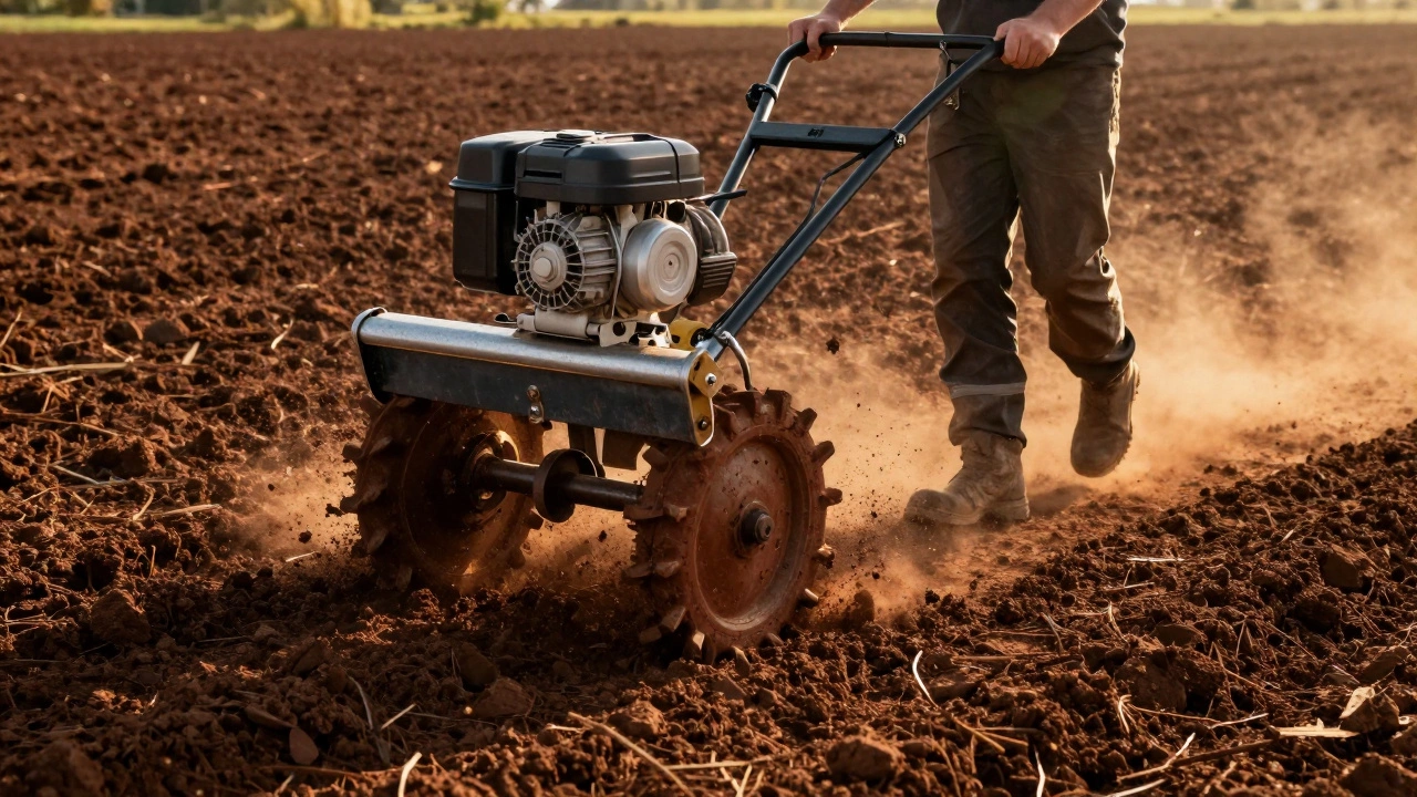Heavy gas tiller breaking up hard clay soil in an open field