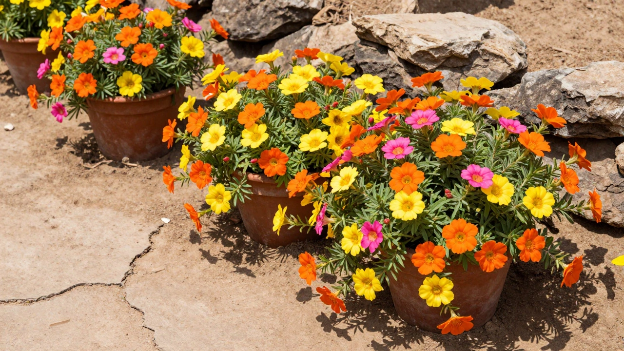 Neon Portulaca moss roses blooming in a dry, sunlit rock garden