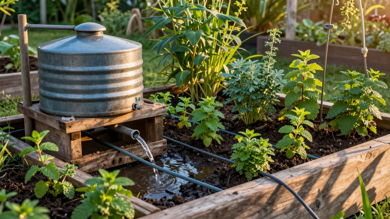Rainwater tank and drip irrigation in a sustainable herb garden