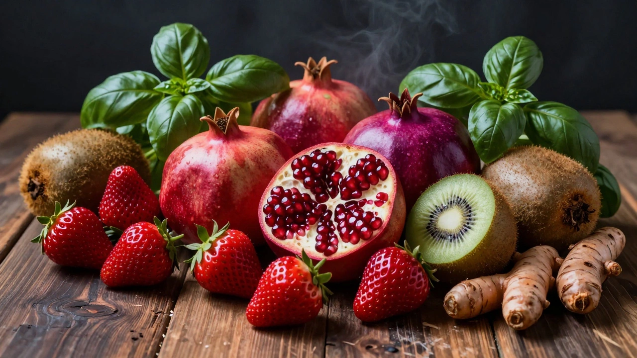 Arrangement of strawberries, pomegranates, kiwis, and herbs on a wooden table