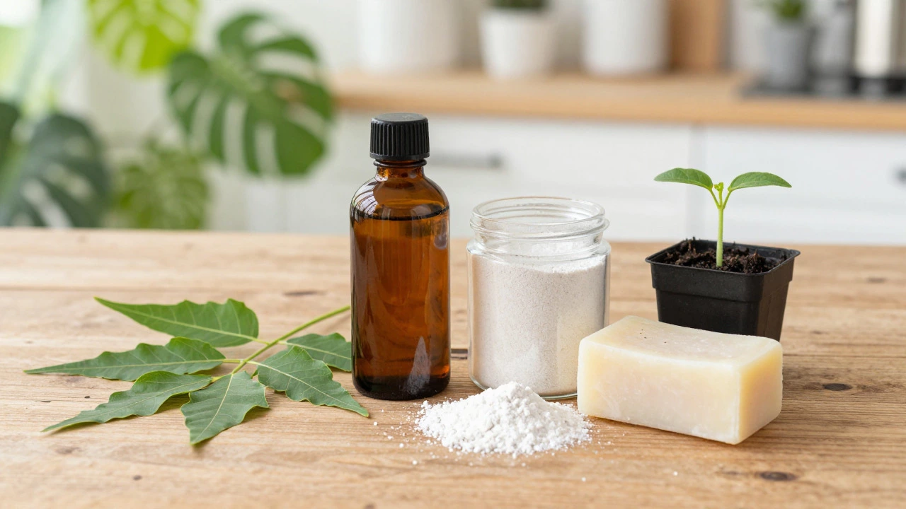 Bottles of neem oil, diatomaceous earth, and soap arranged as safe organic pest control alternatives.