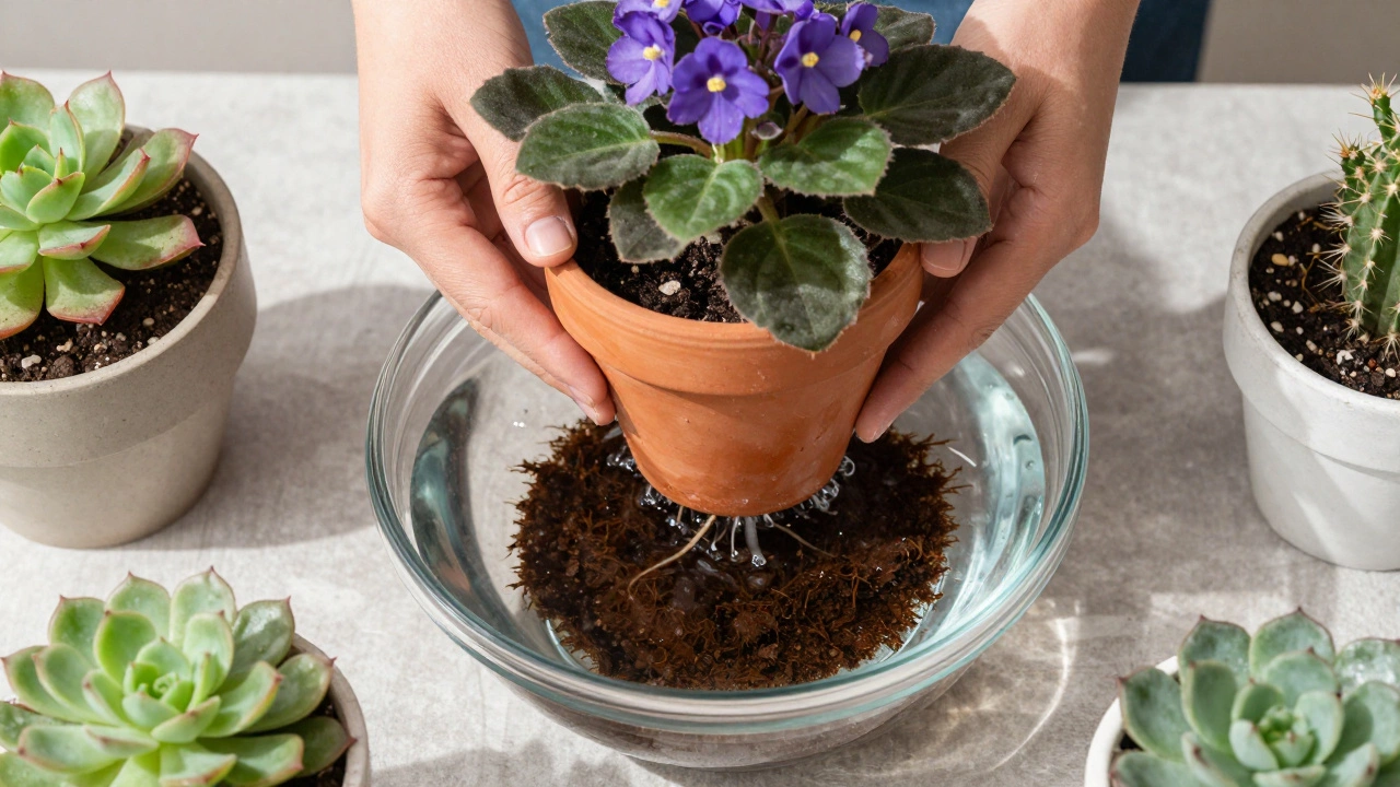 Bottom watering technique for an African Violet in a glass bowl of water.