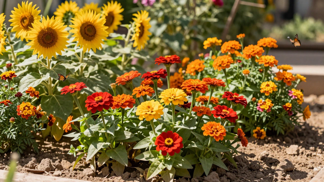 Colorful Zinnias, Marigolds, and Lantana flowers blooming in full sun