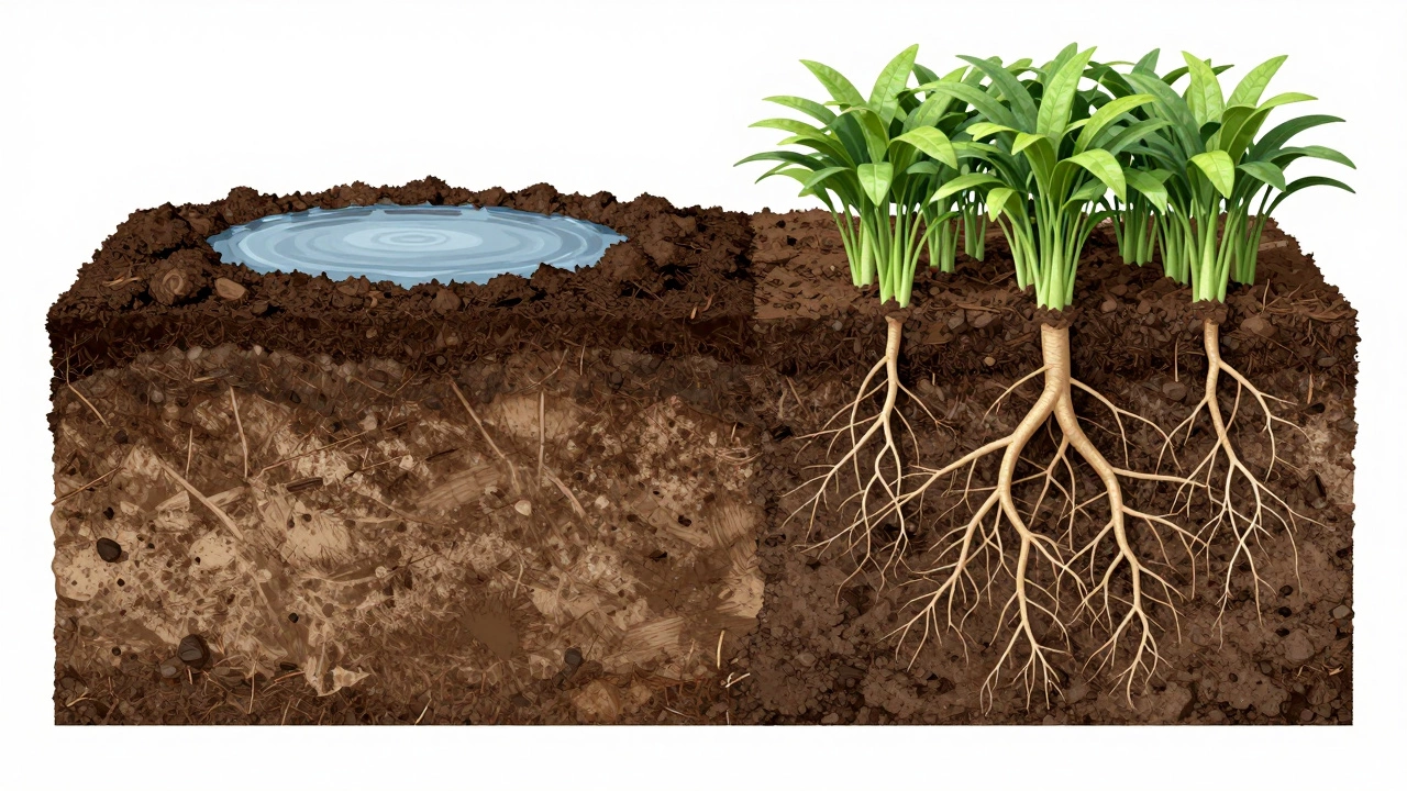 Cross-section showing water pooling on topsoil versus roots growing in mixed soil.