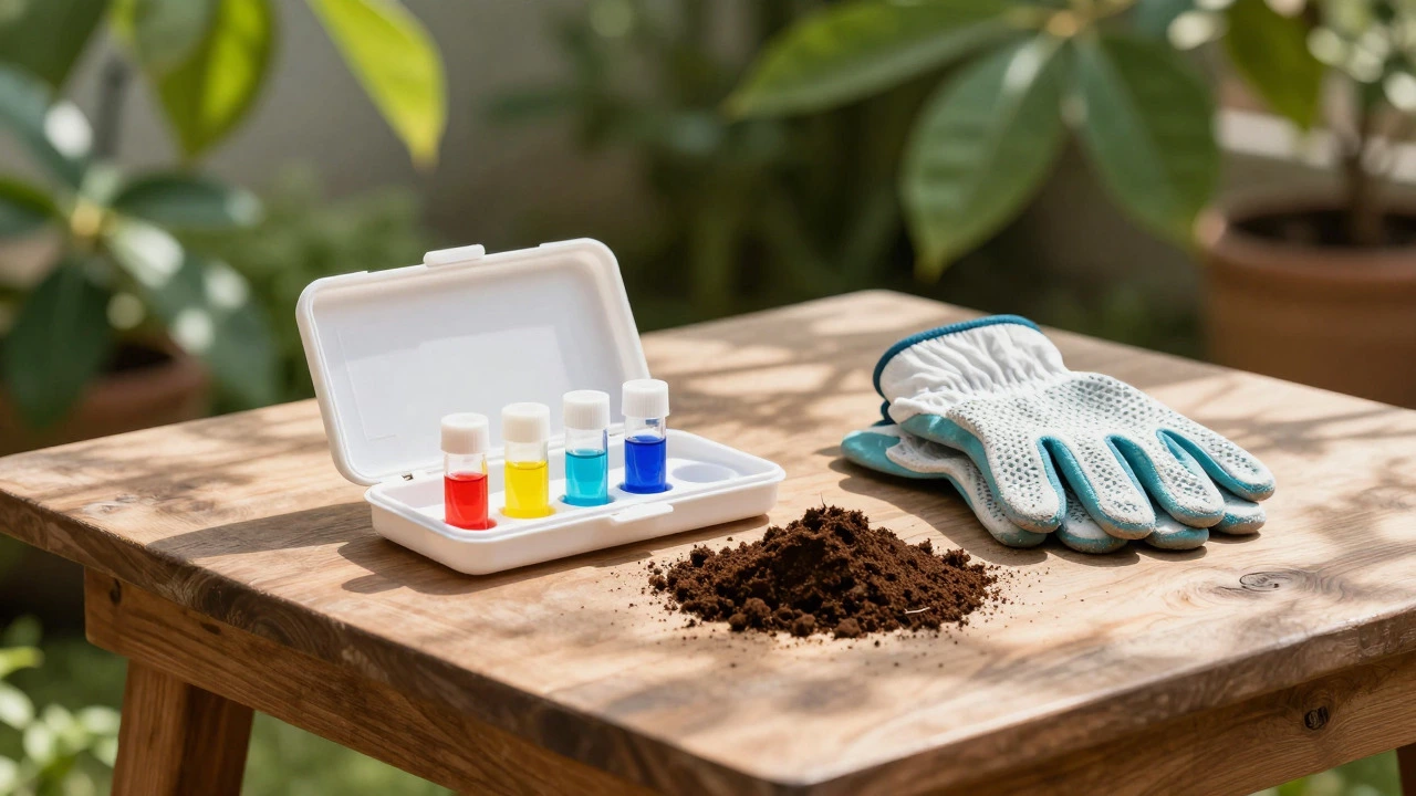 DIY soil test kit with colorful liquids and soil sample on a wooden garden table