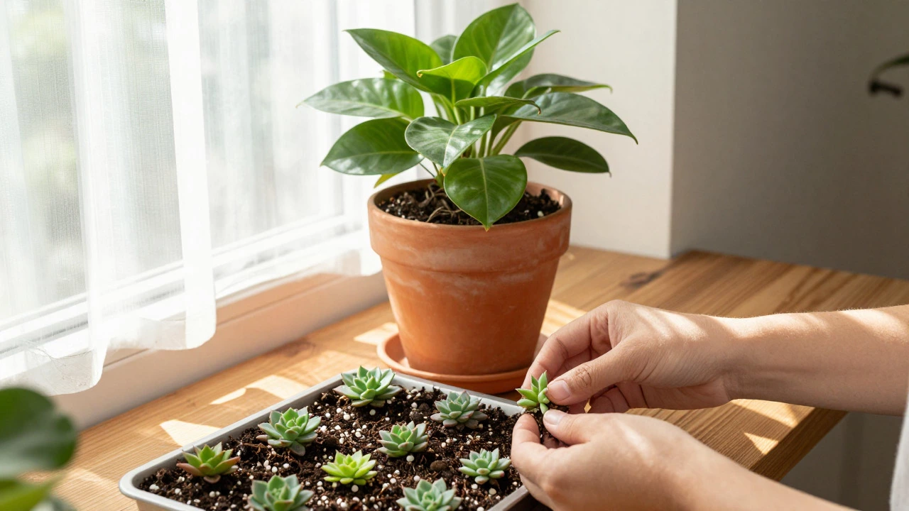 Gardener propagating succulent plantlets on a sunny windowsill