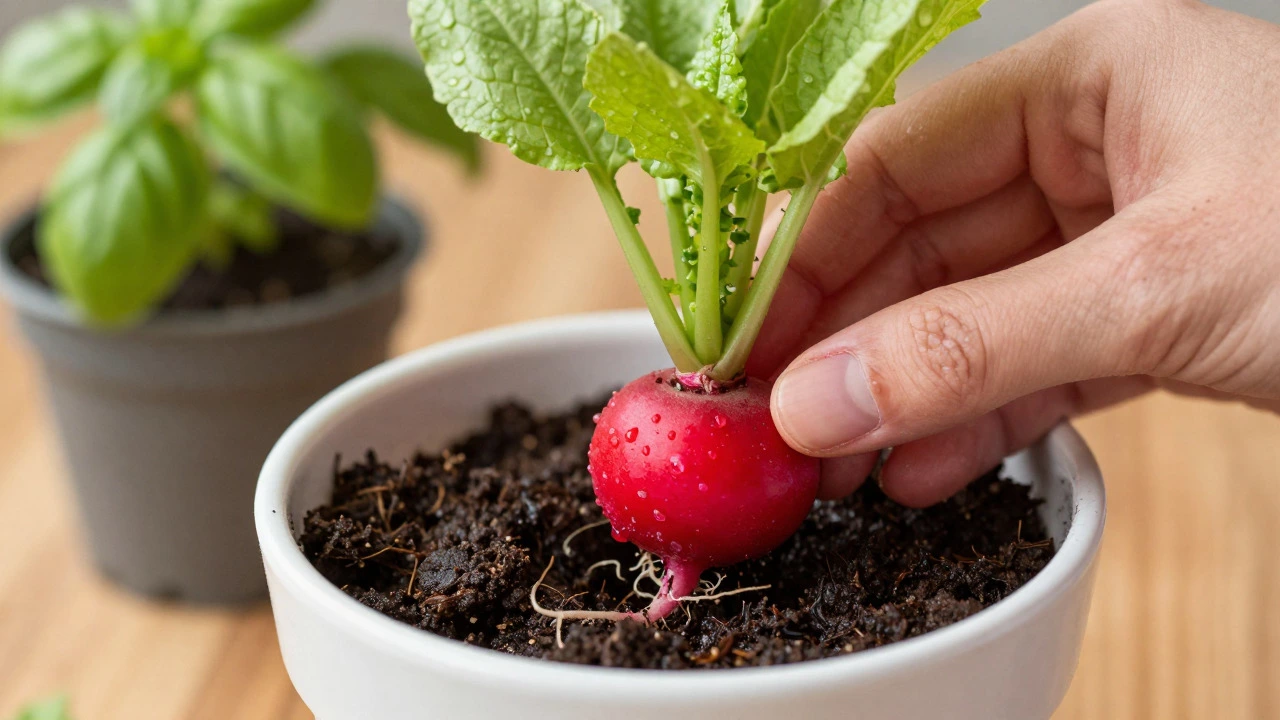 Hands harvesting fresh red radishes from a pot