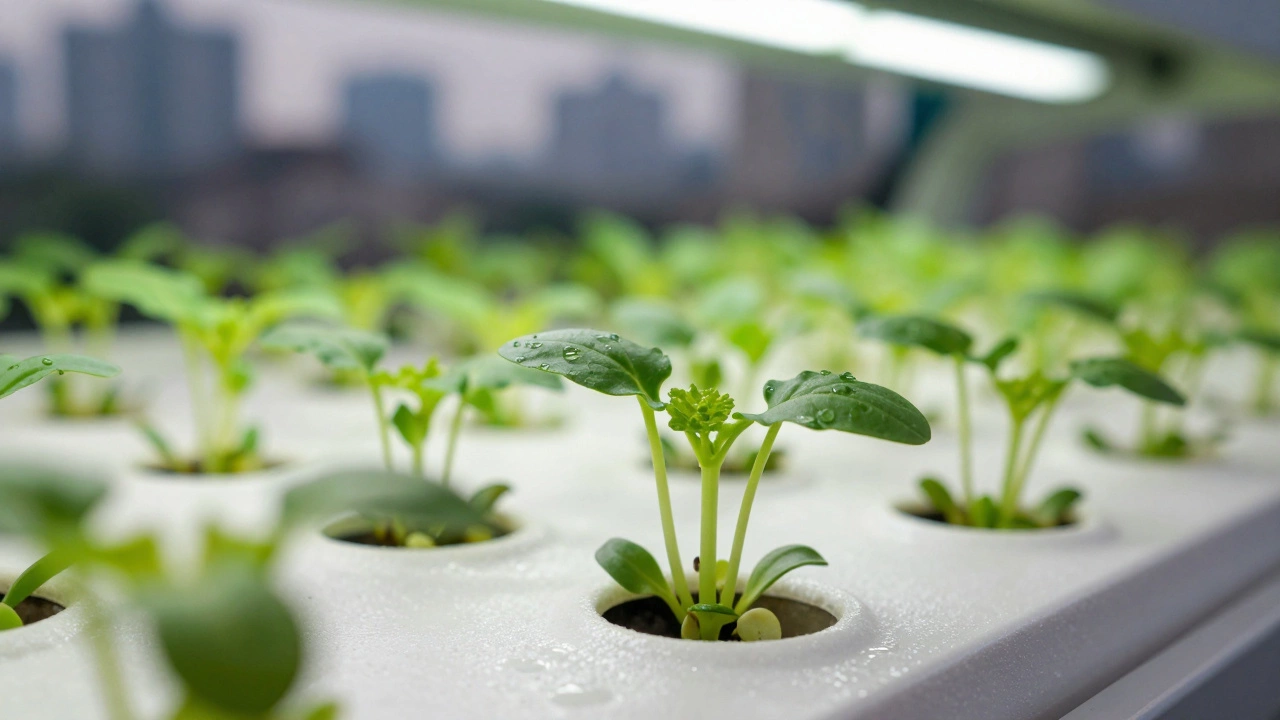 Hydroponic fenugreek microgreens growing in trays on an urban rooftop garden