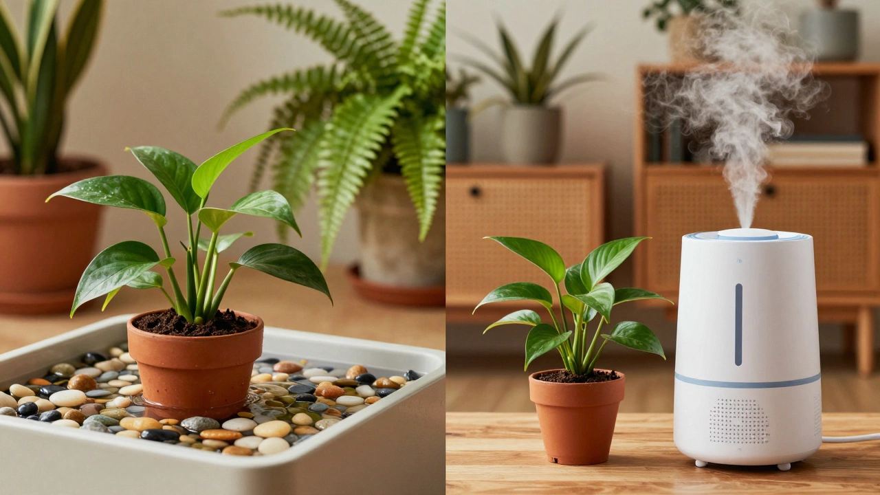 Indoor plants using pebble trays and humidifiers for better humidity control.