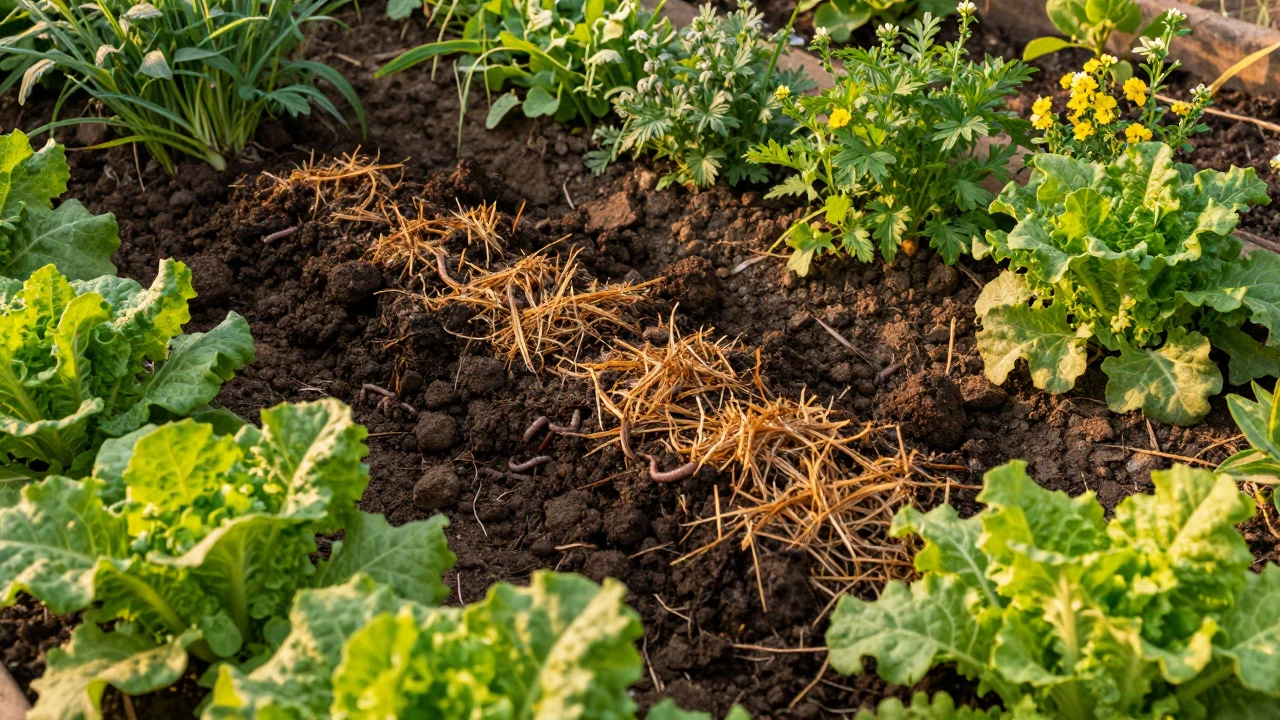 Lush garden bed with rich dark soil covered in compost and healthy growing vegetables