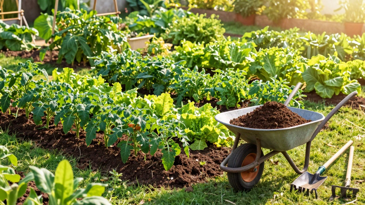 Lush vegetable garden with rich mixed soil and compost wheelbarrow nearby.