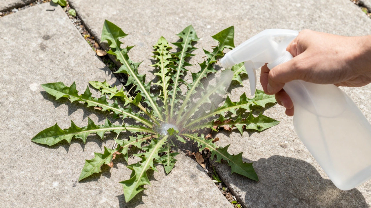 Weeds in pavement cracks being sprayed with vinegar, showing wilting leaves under bright sunlight.