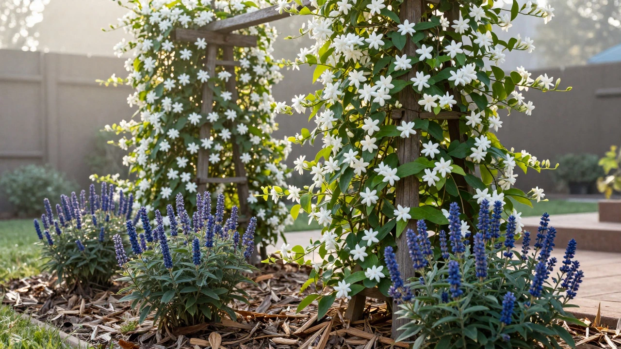 White Star Jasmine on a trellis with mulched soil in a morning garden