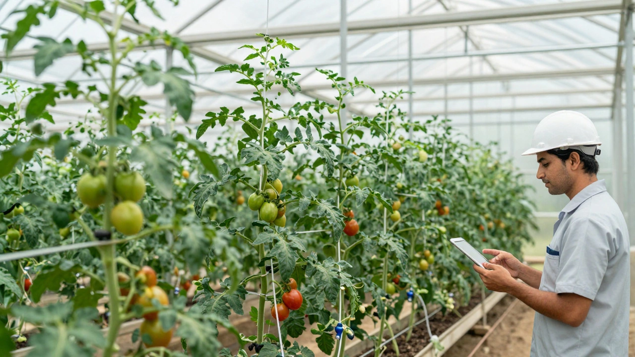 Worker monitoring tomato plants inside a high-tech polyhouse greenhouse