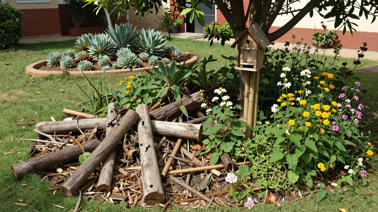 A wild habitat corner with log piles, bamboo bee houses, and diverse native flora