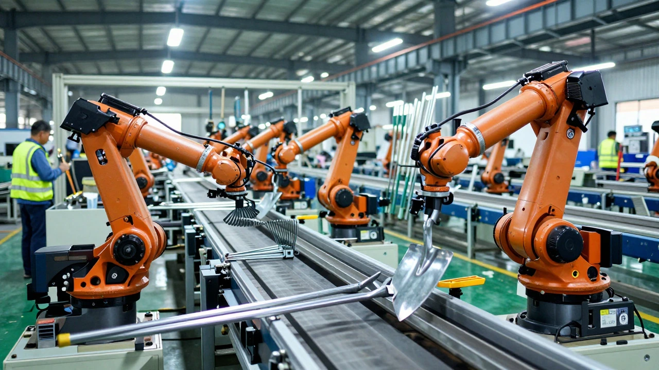 Automated assembly line producing garden tools in a factory