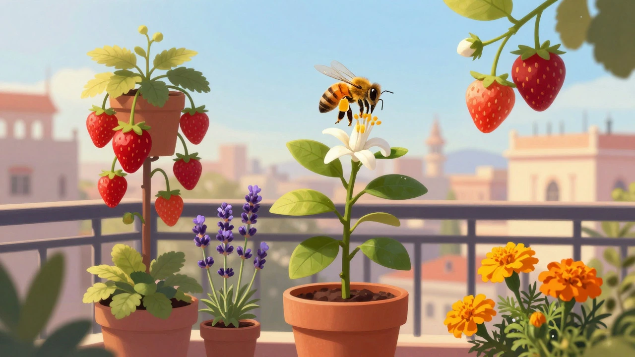 Bee pollinating citrus flower on balcony with strawberries nearby