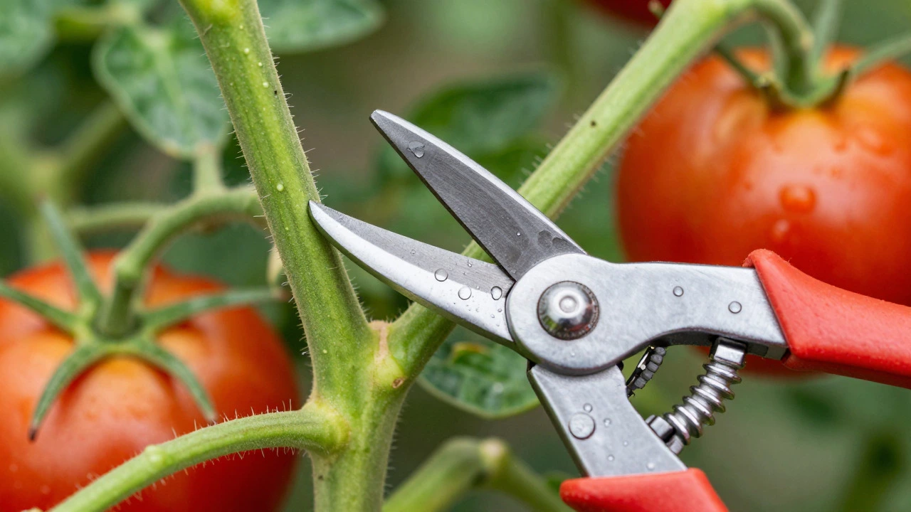 Bypass pruners making a clean cut on a green tomato vine