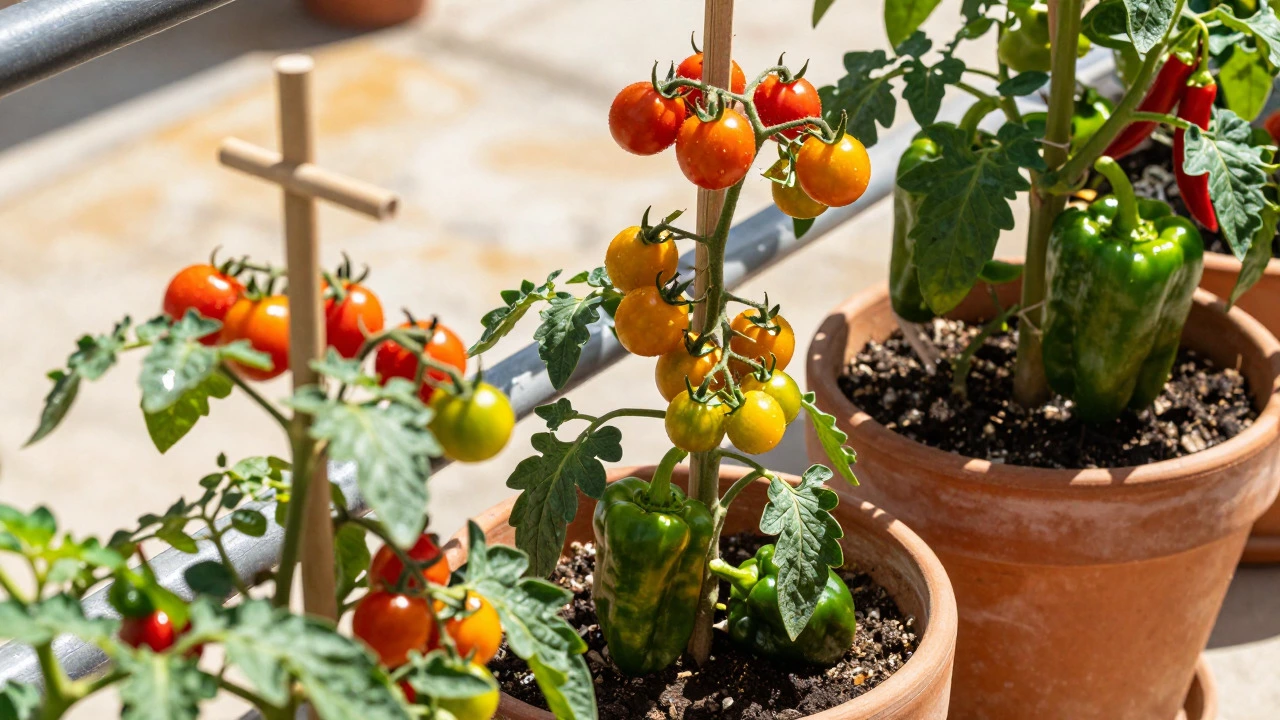 Close-up of cherry tomatoes and peppers in pots on a windy balcony