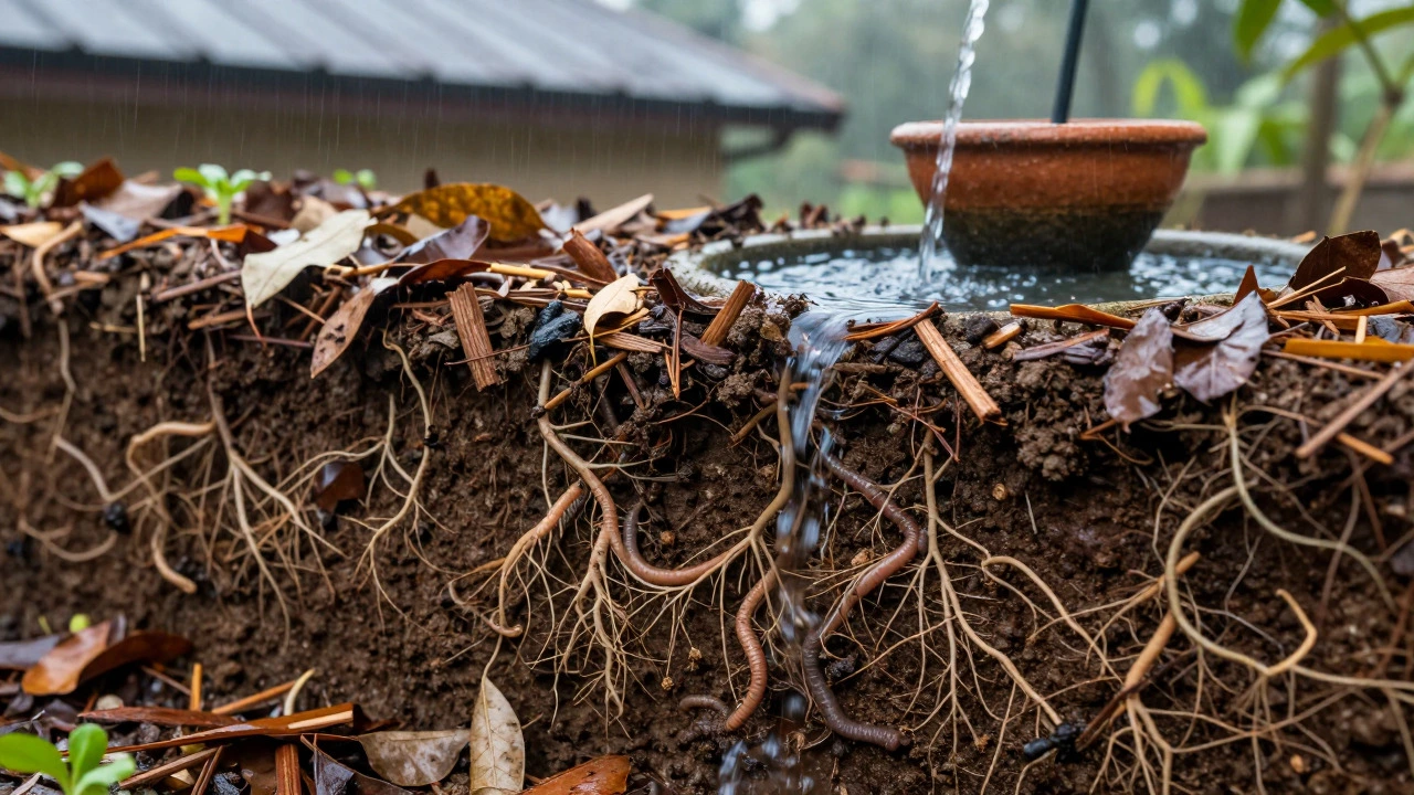 Close-up of healthy soil with organic mulch and rainwater collection in a sustainable garden