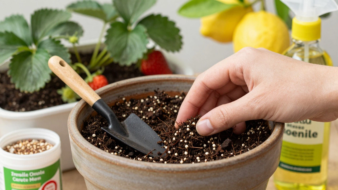 Close up of potting soil check and gardening tools for fruit plants