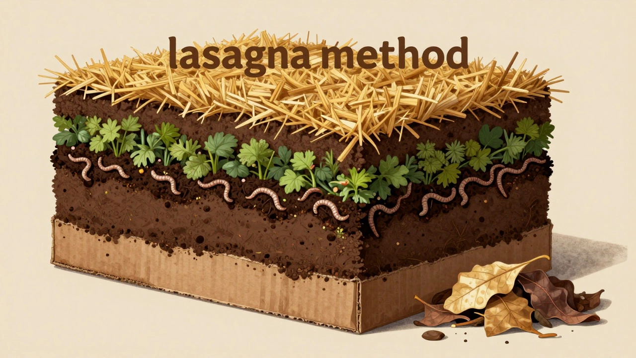 Cross-section diagram showing layered soil building with compost and mulch.