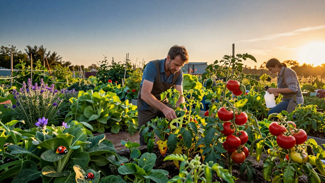 Diverse vegetable garden at dusk with a gardener removing an infested leaf