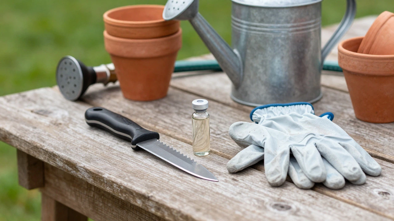 Garden tools including a Hori-Hori knife and gloves on a bench