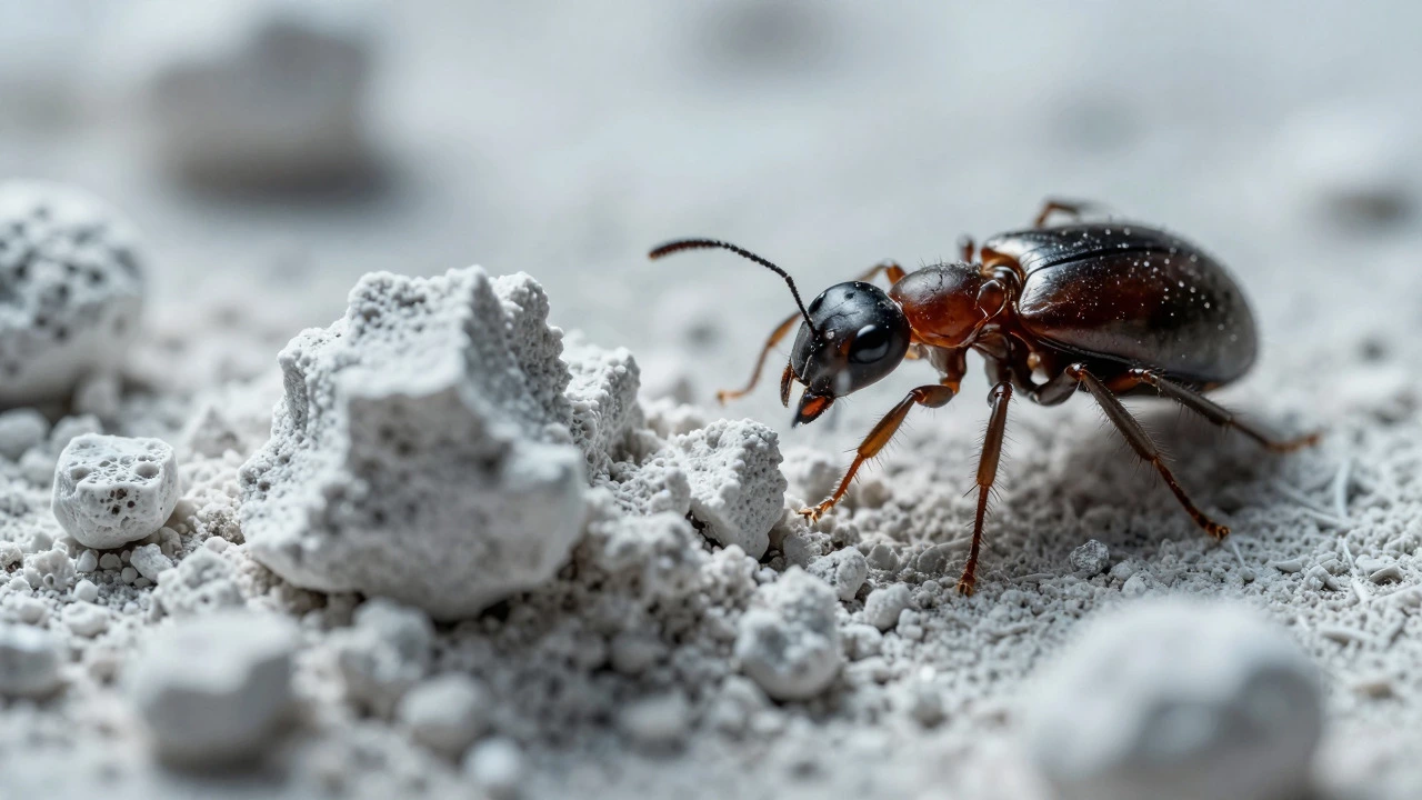 Macro view of diatomaceous earth particles damaging an insect's exoskeleton