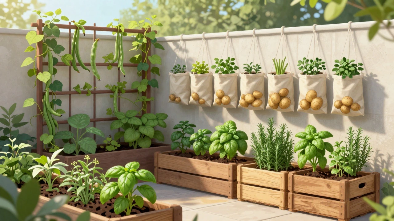 Organized terrace garden with vertical trellises and herb containers