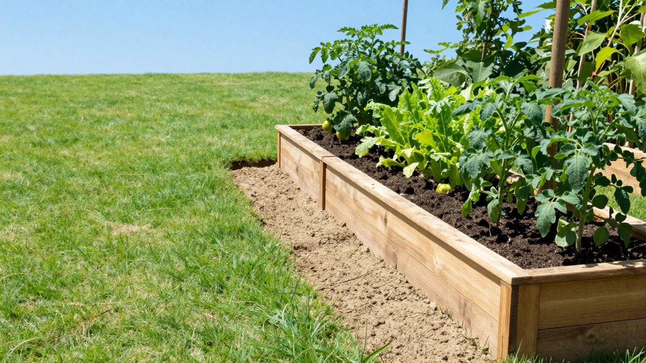 Split view of a leveled lawn using topsoil and a raised bed with garden soil.