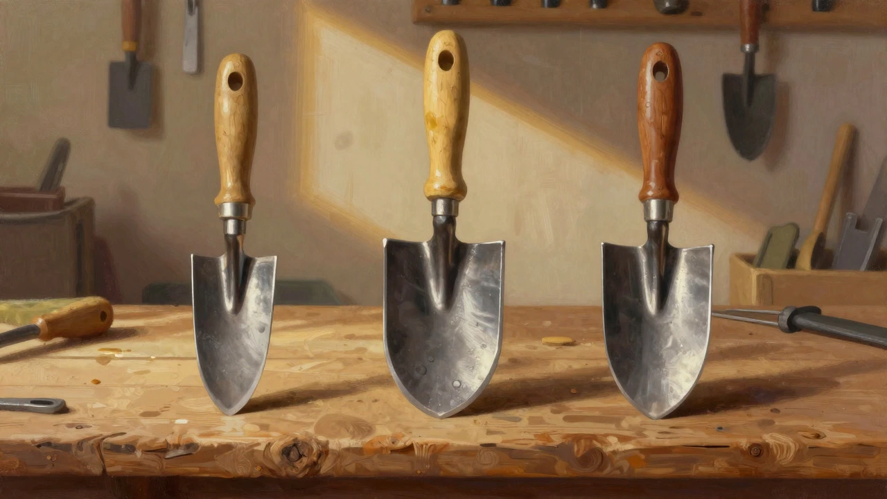 Three sets of garden tools on a wooden bench showing quality differences