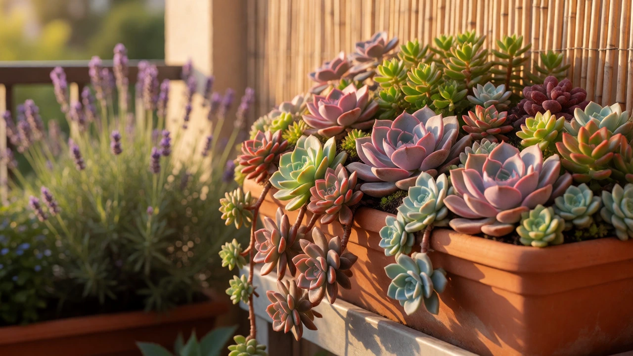 Colorful succulents and lavender in terracotta pots on a balcony