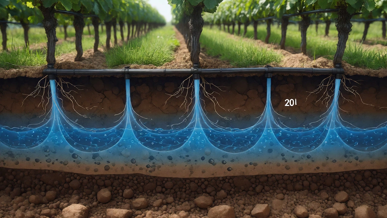 Cross-section view of subsurface drip irrigation lines watering vineyard roots