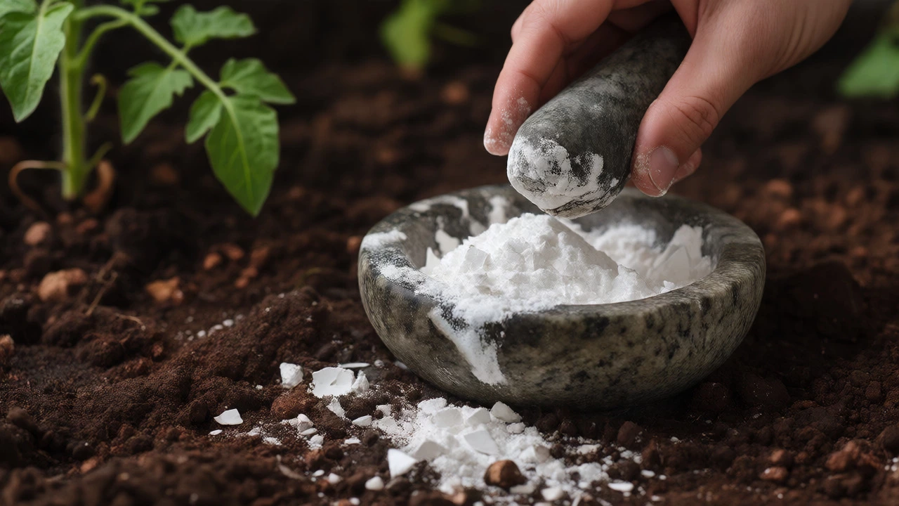Crushing eggshells into powder over soil for tomato plant nutrition